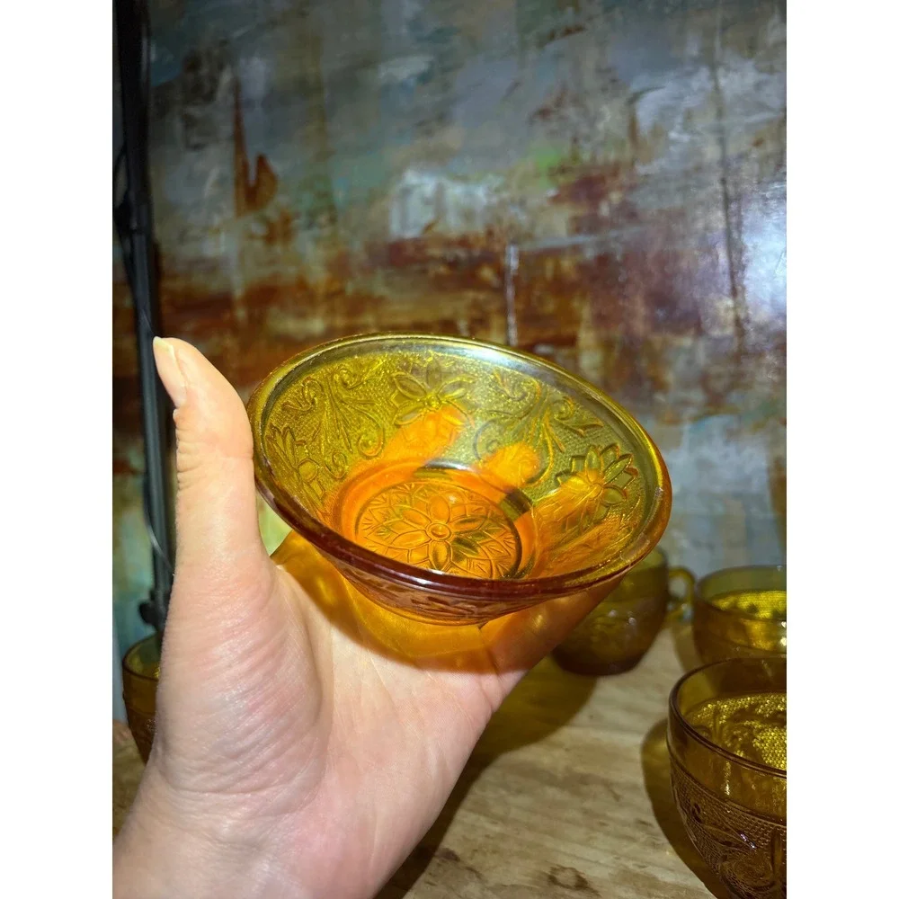 Indiana Glass‎ Tiara Sandwich Amber Tea Cups and Bowl Set Vintage 6 Piece Honey